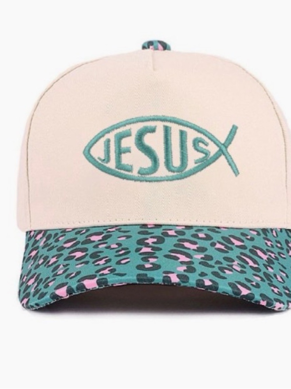 Faith-Inspired Trucker Hat with Teal Embroidered Fish and Teal Leopard Brim